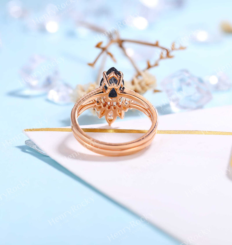 Blue Sandstone Engagement Ring Rose Gold Women | Marquise Moissanite Half Eternity Bridal Set | Unique Wedding Set | Anniversary Rings