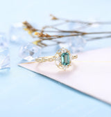 Emerald Engagement Ring Yellow Gold Ring | Vintage Emerald Cut Wedding Ring | Art deco Milgrain Moissanite Bridal Ring | Unique Promise ring