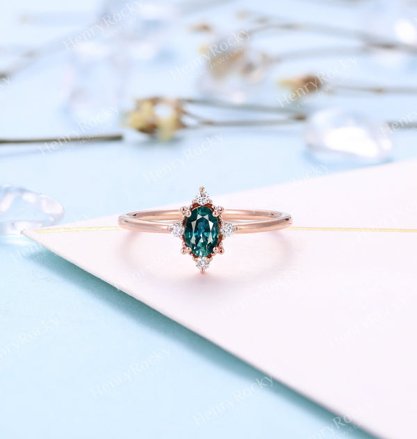 Antique Teal Sapphire Engagement Ring | Vintage Oval cut Rose gold wedding ring | Art deco Diamond Ring |Anniversary Promise Rings for women