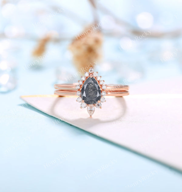 Salt and Pepper Diamond Engagement Ring | Art deco Pear shaped Rose gold wedding ring set |Antique Moissanite Bridal set |Unique Anniversary