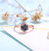Salt and Pepper Diamond Engagement Ring set | Rose gold wedding Set | Curved diamond wedding band | Hexagon Bridal set | Anniversary promise