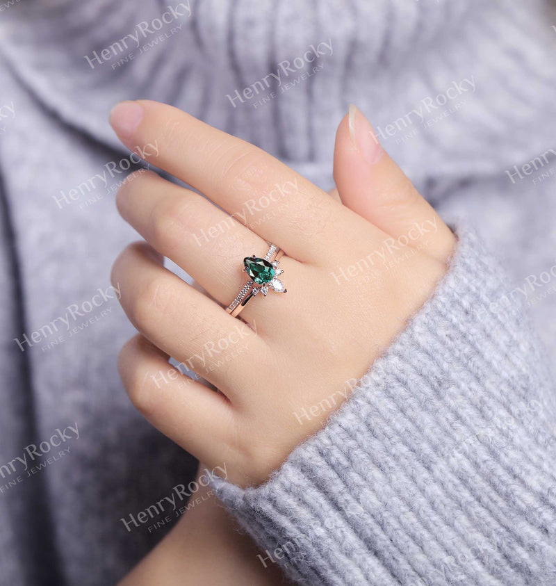 Pear Cut Alexandrite Engagement Ring Rose Gold Women Antique