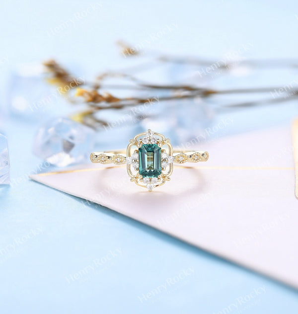 Emerald Engagement Ring Yellow Gold Ring | Vintage Emerald Cut Wedding Ring | Art deco Milgrain Moissanite Bridal Ring | Unique Promise ring