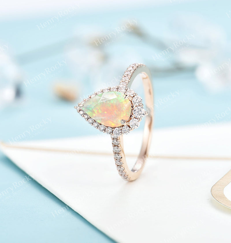 Faceted Opal Engagement Ring Rose Gold ring | Antique Pear shaped Wedding ring | Vintage moissanite ring | half eternity ring | Anniversary