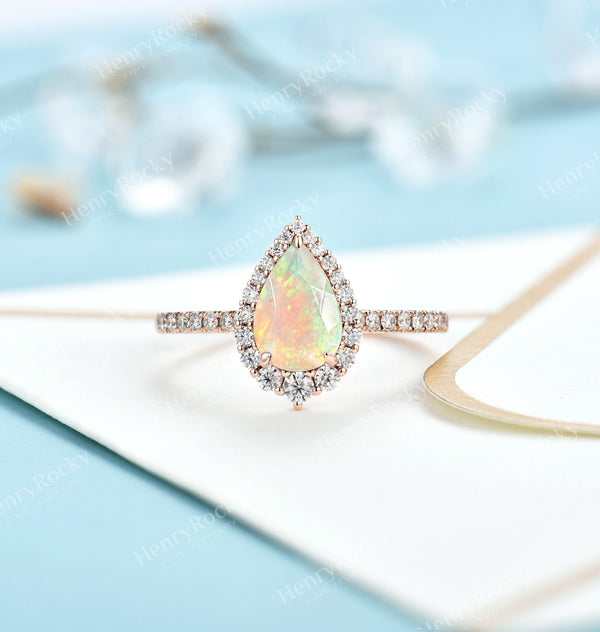 Faceted Opal Engagement Ring Rose Gold ring | Antique Pear shaped Wedding ring | Vintage moissanite ring | half eternity ring | Anniversary