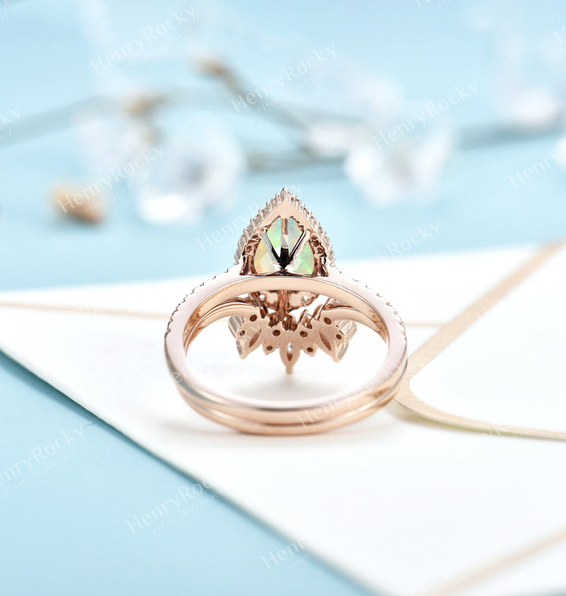 Faceted Opal Engagement ring set Rose gold wedding ring