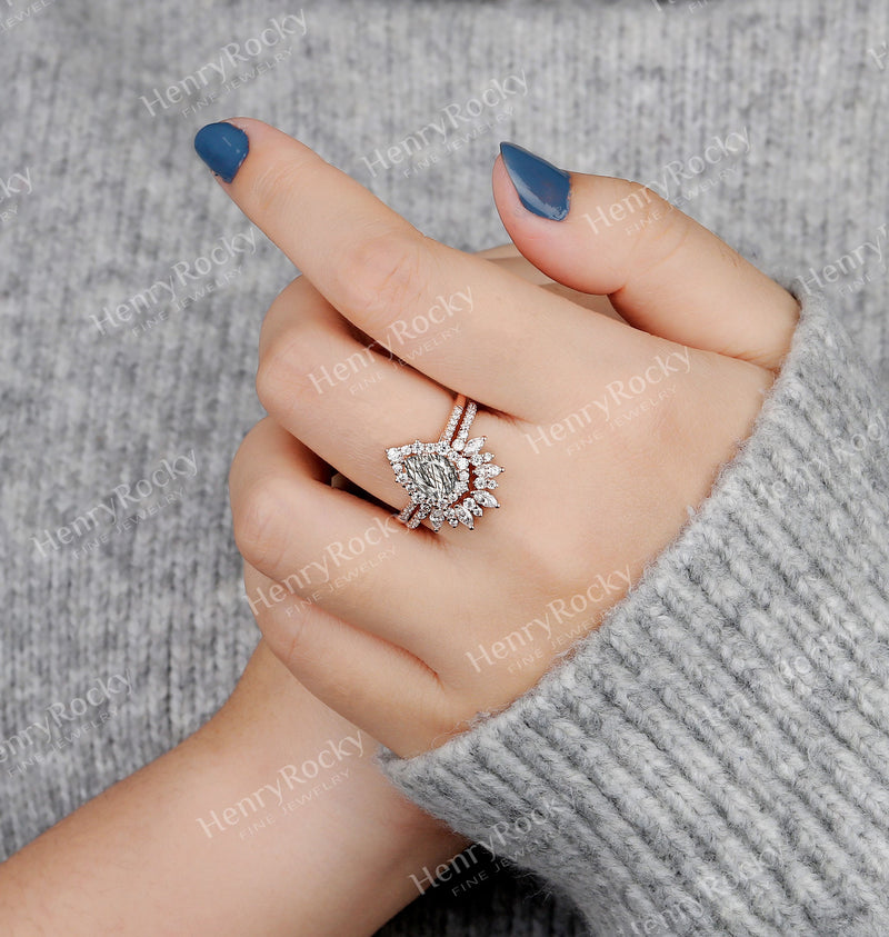Black Rutilated Quartz Engagement Ring Set | Rose gold wedding band women | Antique halo moissanite ring | Pear cut bridal set | Anniversary