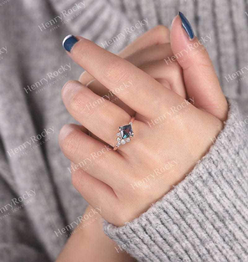 Alexandrite Engagement Ring Rose Gold Ring Vintage Princess cut