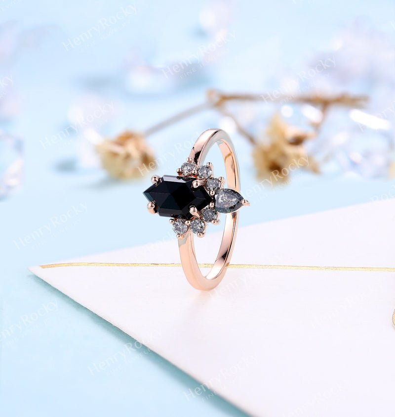 Natural 1CT Kite Black Onyx Engagement Ring Art Deco Rose Gold Black G –  PENFINE