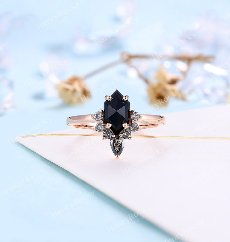 Black Onyx engagement ring | Salt and pepper diamond art deco wedding ring | Rose cut ring Hexagon bridal ring | Rose gold ring |Anniversary
