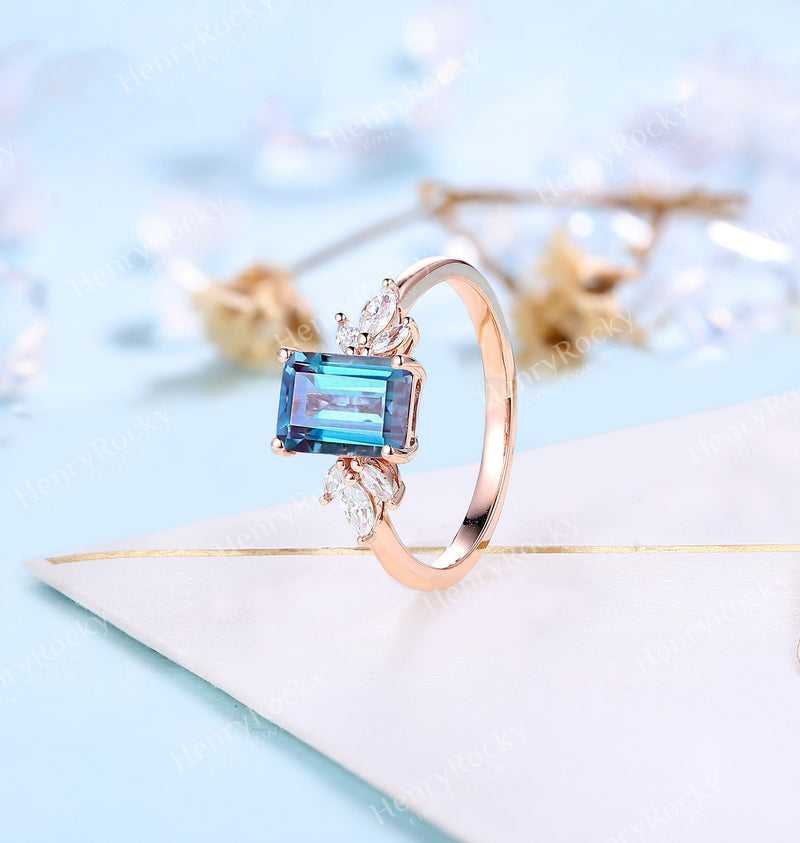 Emerald Cut Alexandrite Engagement Ring | Art Deco Rose gold ring  women | Vintage Moissanite Wedding Ring | Unique Anniversary Promise ring