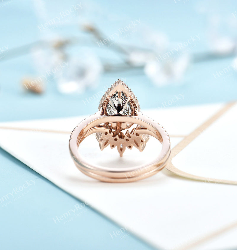 Black Rutilated Quartz Engagement ring set | Rose gold wedding set | Vintage Pear cut ring | Curved moissanite wedding band | Anniversary
