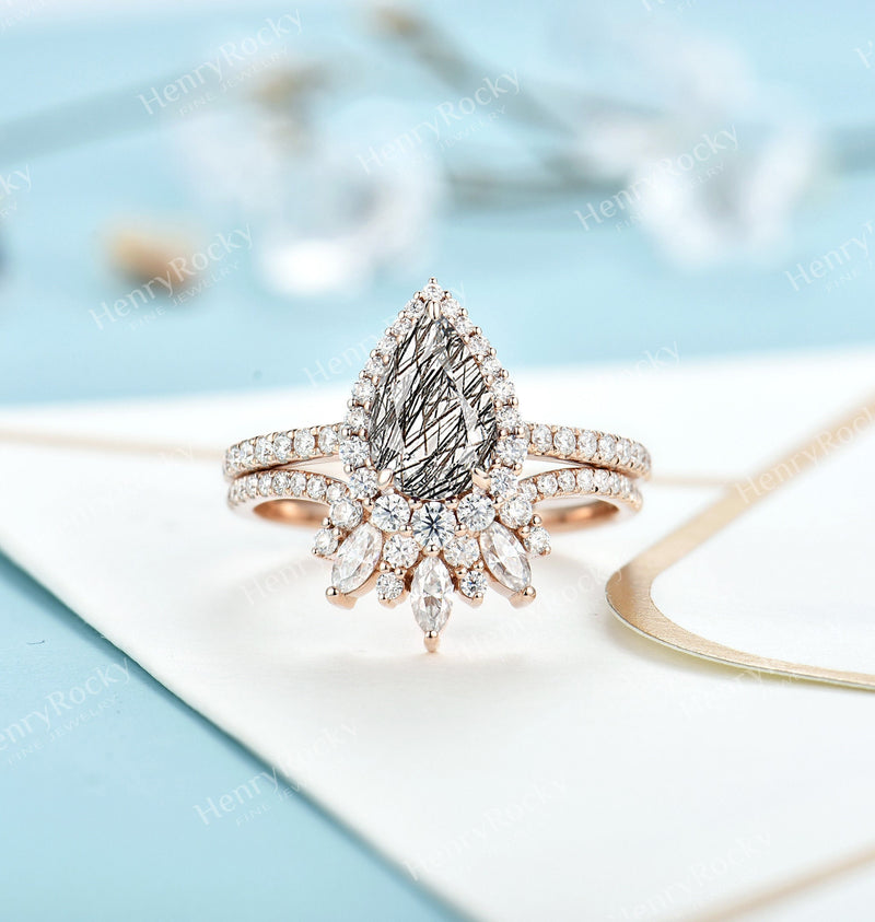 Black Rutilated Quartz Engagement ring set | Rose gold wedding set | Vintage Pear cut ring | Curved moissanite wedding band | Anniversary