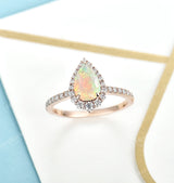 Faceted Opal Engagement Ring Rose Gold ring | Antique Pear shaped Wedding ring | Vintage moissanite ring | half eternity ring | Anniversary