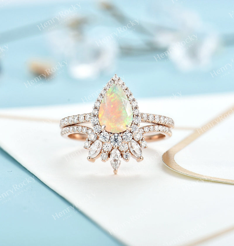 Faceted Opal Engagement ring set | Rose gold wedding ring | Vintage moissanite bridal set | Antique pear cut ring | Anniversary promise ring