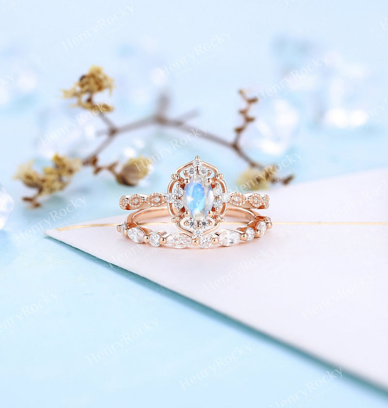 Art deco Moonstone engagement ring set | Antique rose gold bridal set | Vintage diamond milgrain wedding ring set | Anniversary promise ring