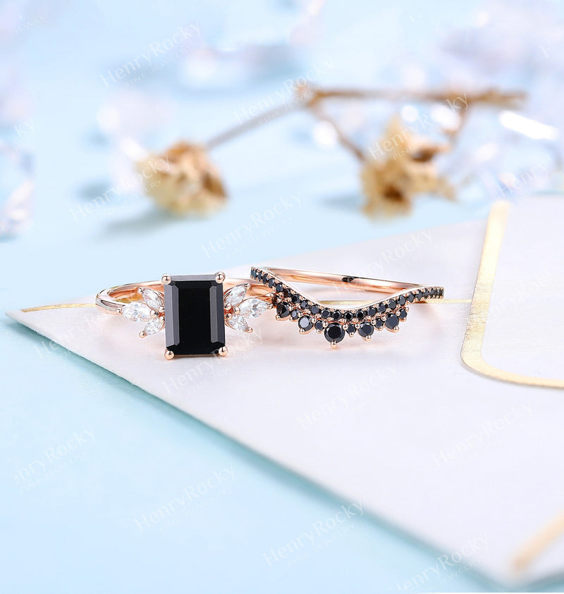Black Onyx Engagement Ring Set Emerald Cut Rose Gold Wedding Set Vintage Moissanite Bridal Ring Unique Anniversary Ring Promise Ring