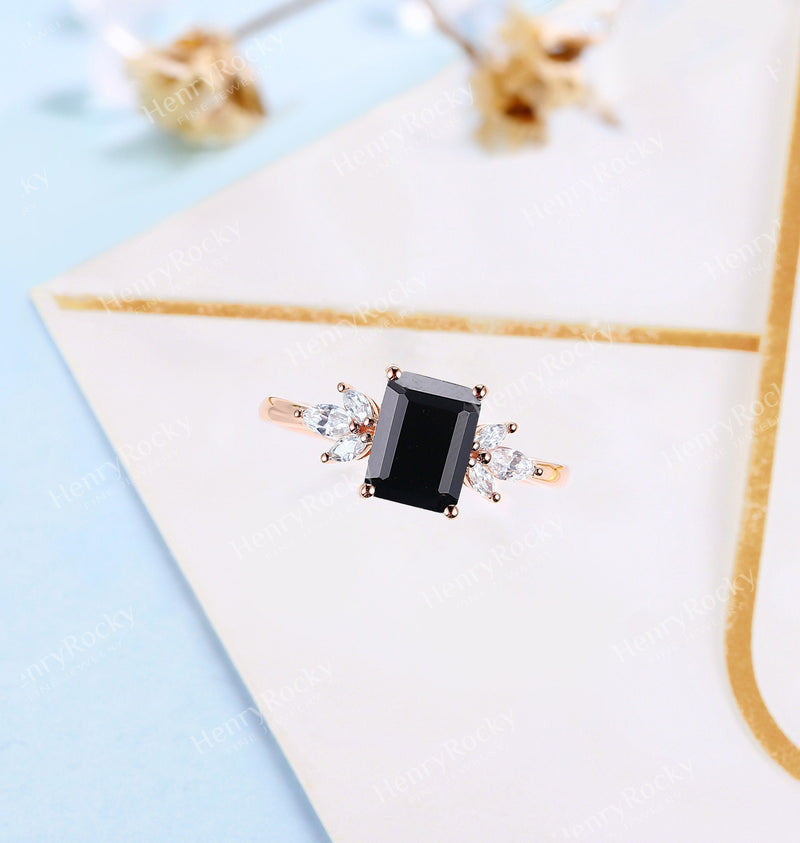 Black Onyx Engagement Ring Set | Emerald Cut Rose Gold Wedding Set | Vintage Moissanite Bridal Ring | Unique Anniversary Ring Promise Ring