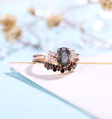 Black Rutilated Quartz Engagement Ring set | Oval shaped Rose gold ring |Art deco ring Black Diamond Wedding band | Anniversary Promise ring
