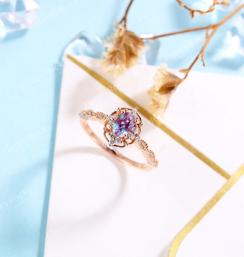 Vintage Alexandrite Engagement Ring | Rose gold ring Moissanite wedding ring | Diamond Bridal ring Milgrain Art deco ring | Anniversary ring