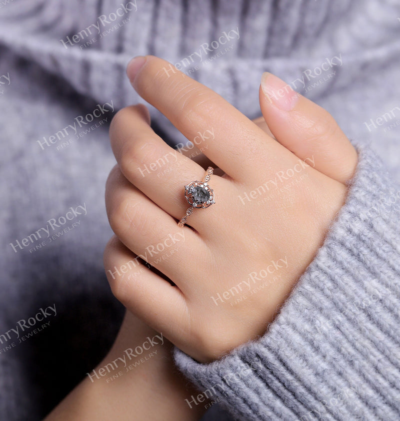 Black Rutilated Quartz Engagement women ring | Antique Oval shaped Bridal Jewelry | Art deco Halo Rose gold Ring Milgrain | Anniversary ring