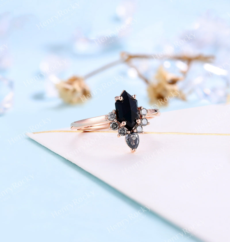 2pcs Emerald Cut Black Onyx Engagement Ring Set Rose Gold Vintage for Women  Art Deco Black Diamond Curved Ring Anniversary Gift - Etsy