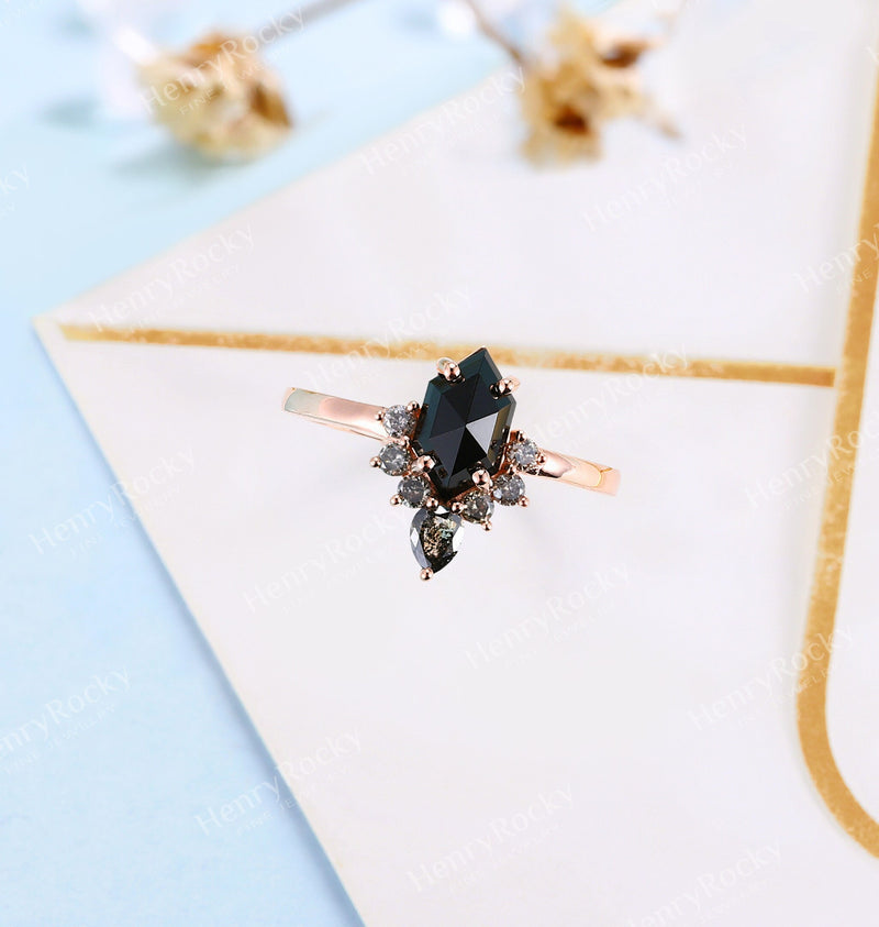 Black Onyx engagement ring | Salt and pepper diamond art deco wedding ring | Rose cut ring Hexagon bridal ring | Rose gold ring |Anniversary