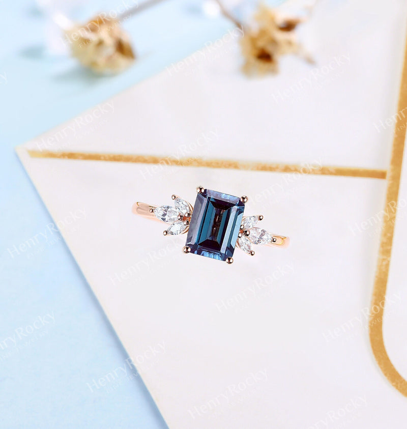Emerald Cut Alexandrite Engagement Ring | Art Deco Rose gold ring  women | Vintage Moissanite Wedding Ring | Unique Anniversary Promise ring