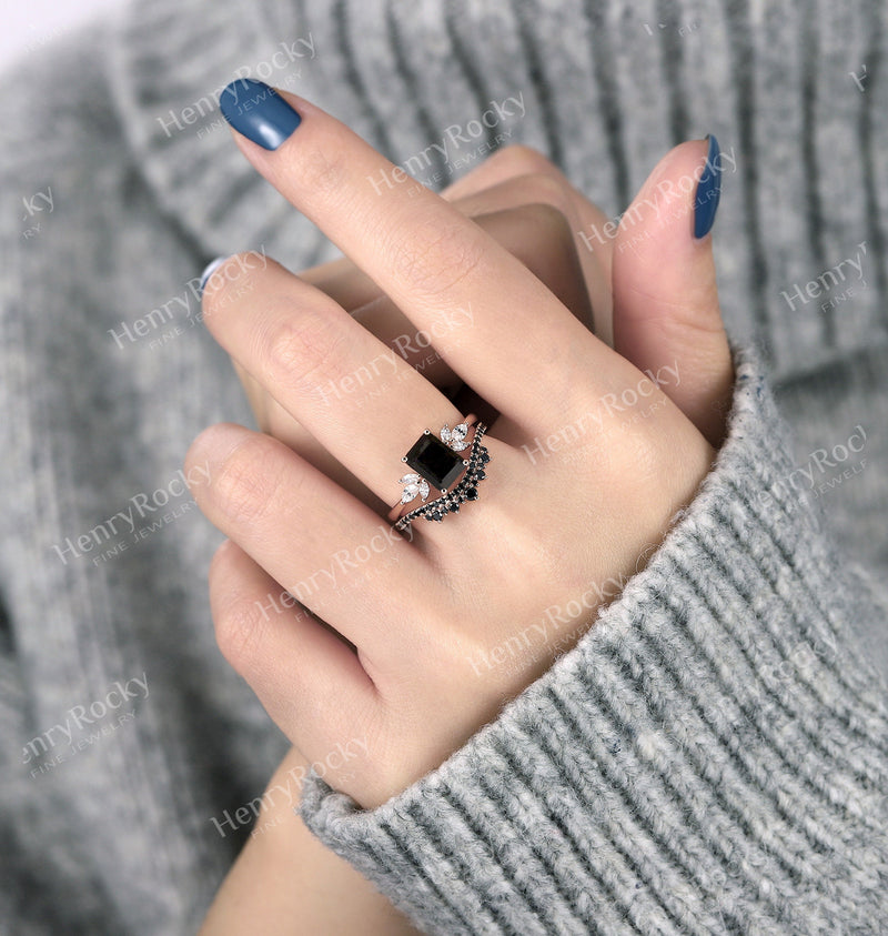 Black Onyx Engagement Ring Set Emerald Cut Rose Gold Wedding Set Vintage Moissanite Bridal Ring Unique Anniversary Ring Promise Ring