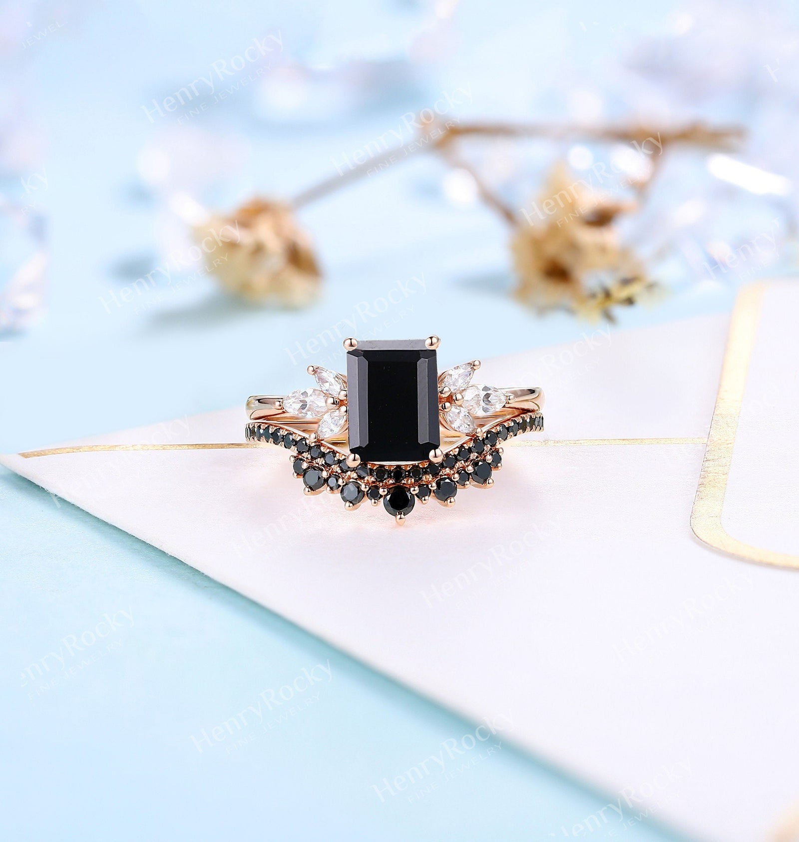 Black Onyx Engagement store Ring 4ct Emerald Cut 14K Rose Gold Engagement Ring Cluster Ring Moissanite Bridal Ring Promise Ring Anniversary Gift