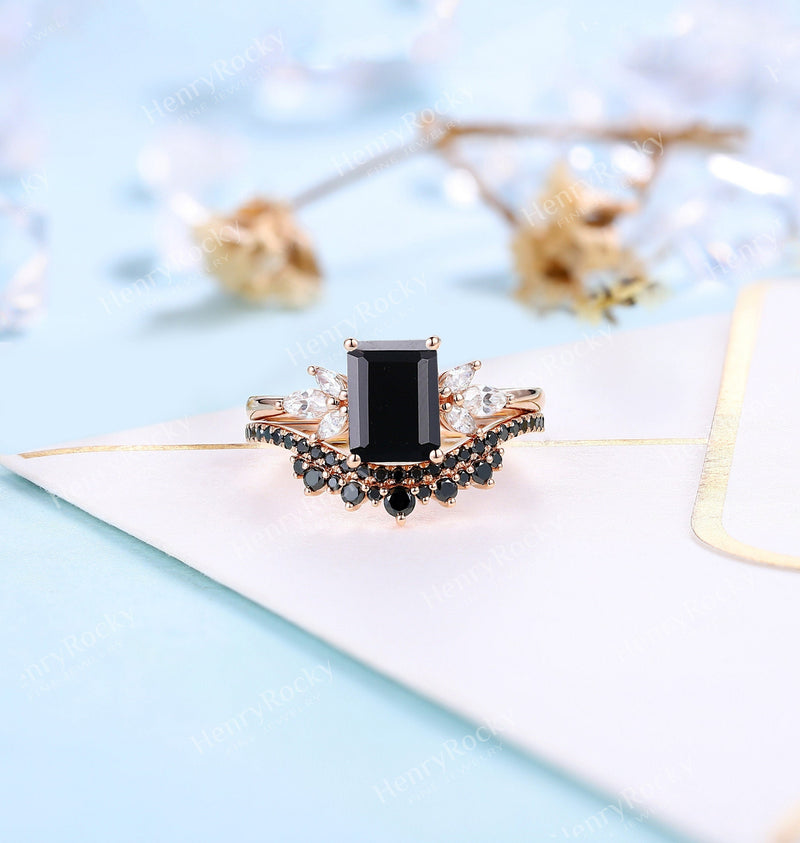 Black Onyx Engagement Ring Set | Emerald Cut Rose Gold Wedding Set | Vintage Moissanite Bridal Ring | Unique Anniversary Ring Promise Ring