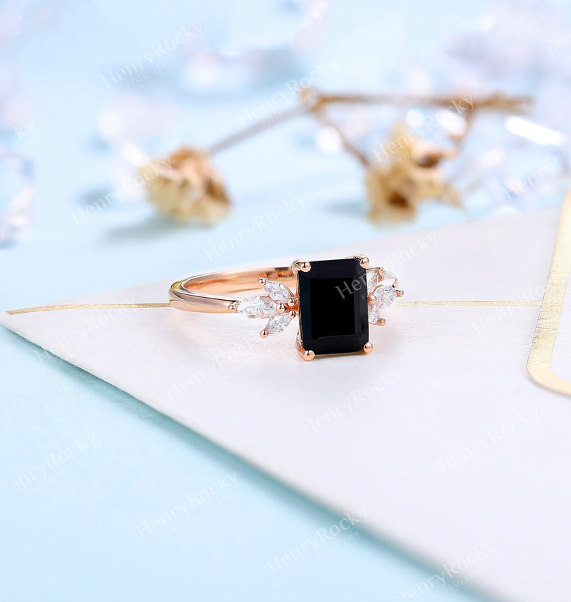 Emerald Cut Black Onyx Engagement Ring Art Deco Rose gold ring women Vintage Moissanite Wedding Ring Unique Anniversary Promise ring