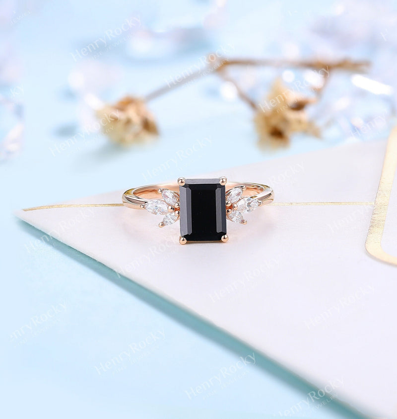 Emerald Cut Black Onyx Engagement Ring | Art Deco Rose gold ring  women | Vintage Moissanite Wedding Ring | Unique Anniversary Promise ring